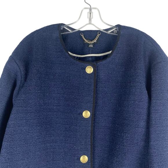 J. Crew Tweed Wool Blend Bomber Lady Jacket Navy Gold Button Size 20 - Picture 5 of 12